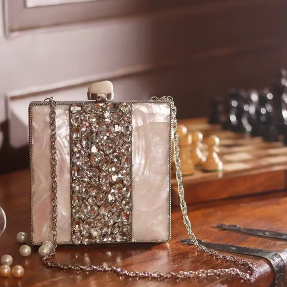 Luxury Crystal & Mother‑of‑Pearl Clutch | Statement Evening Bag | Elegant Formal